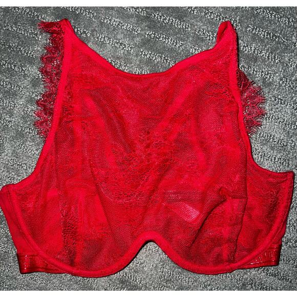 Victoria Secret Bra Red Lace High Neck Eyelash Banded Logo Underwire 34DD NWT - Picture 2 of 5